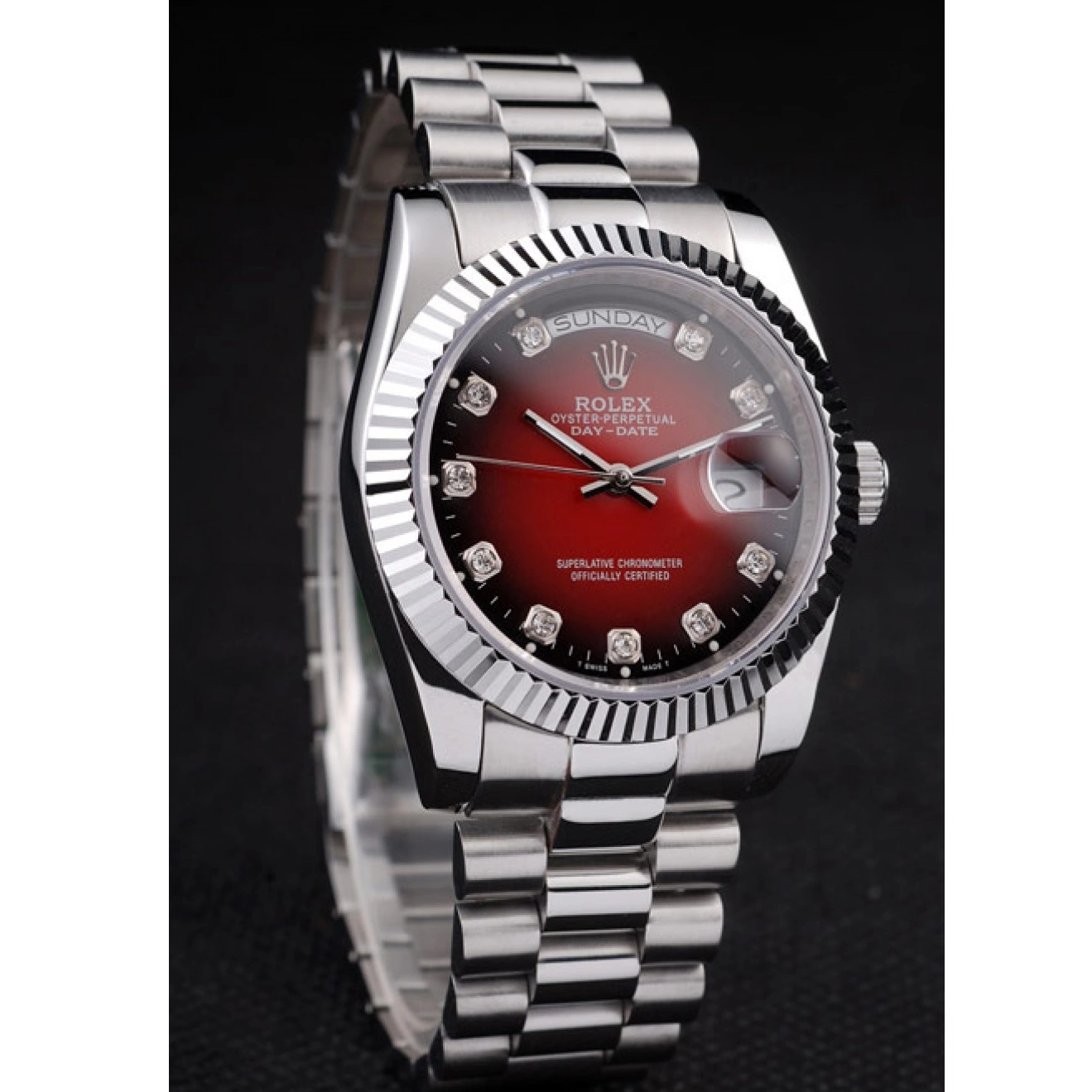 Aaa replica watch Steel Rolex Day-Date Tone Stainless Red Two Polished Dial 0724